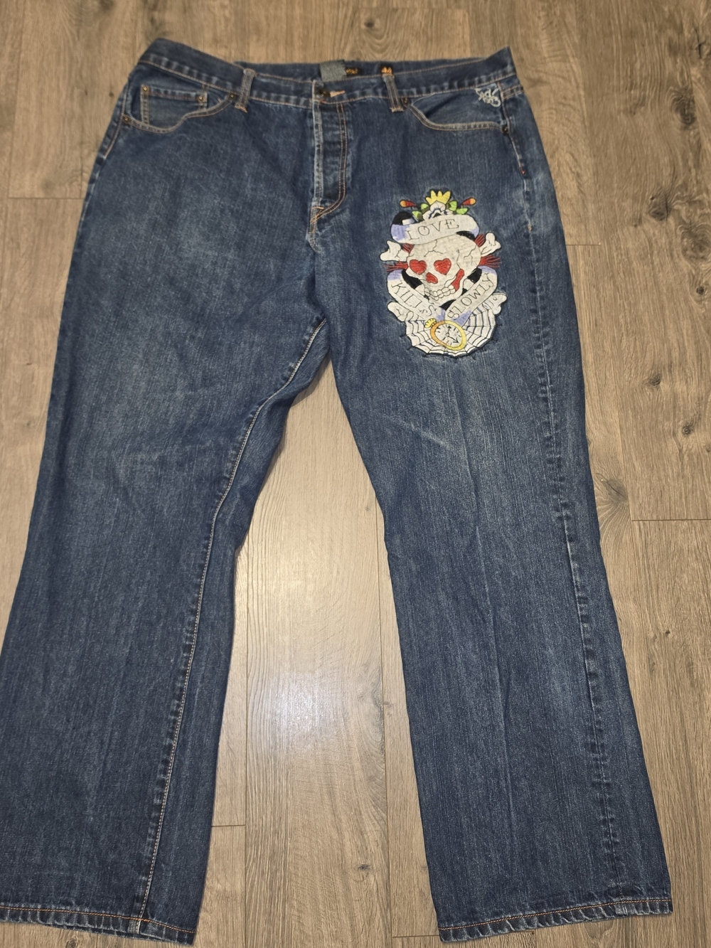 Ed Hardy Y2k Dark Blue Jeans with Colorful Embroidered Heart Patch